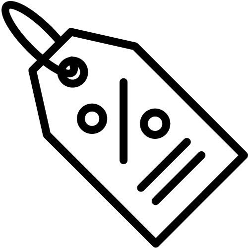 Black outline discount tag with percentage symbol and string loop.