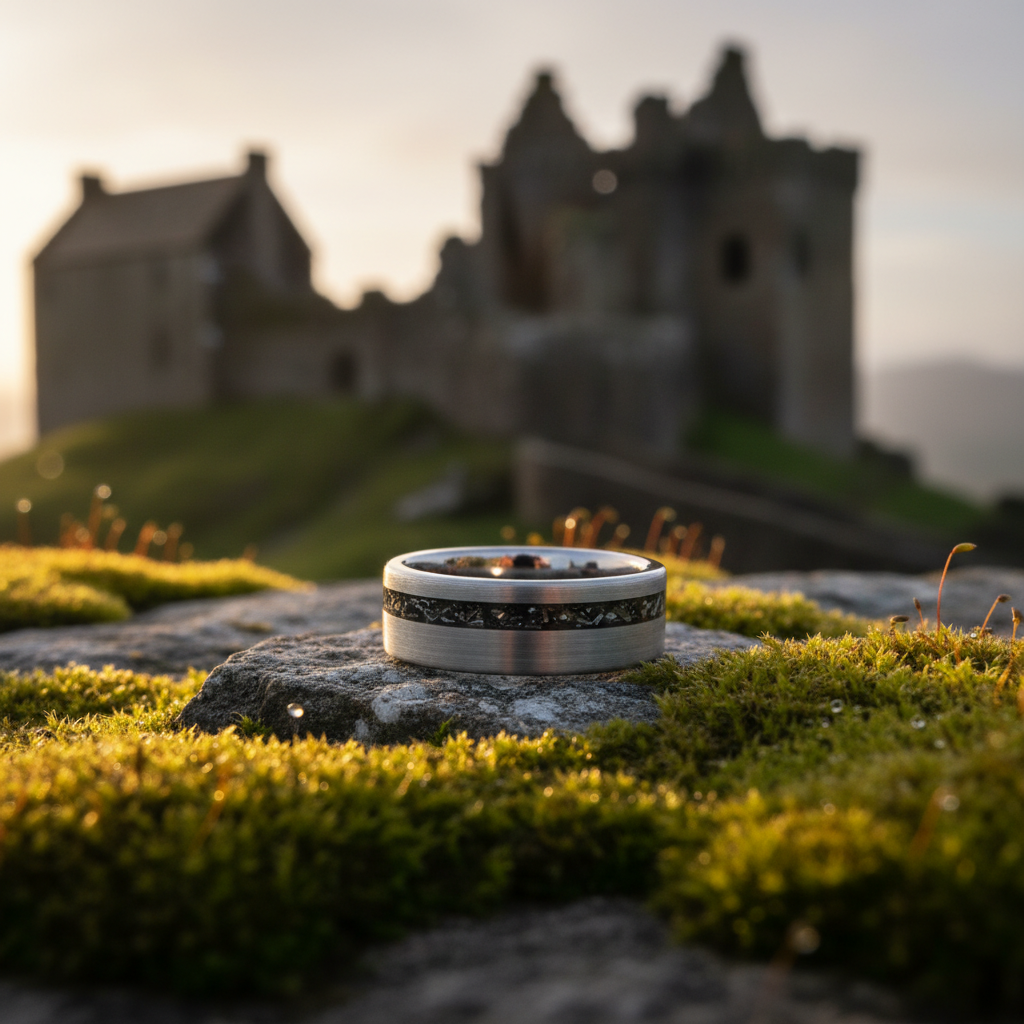 Forge and Lumber Nova 8mm ring on mossy stone. Durable, cosmic bestseller; Scottish ruins sunset.
