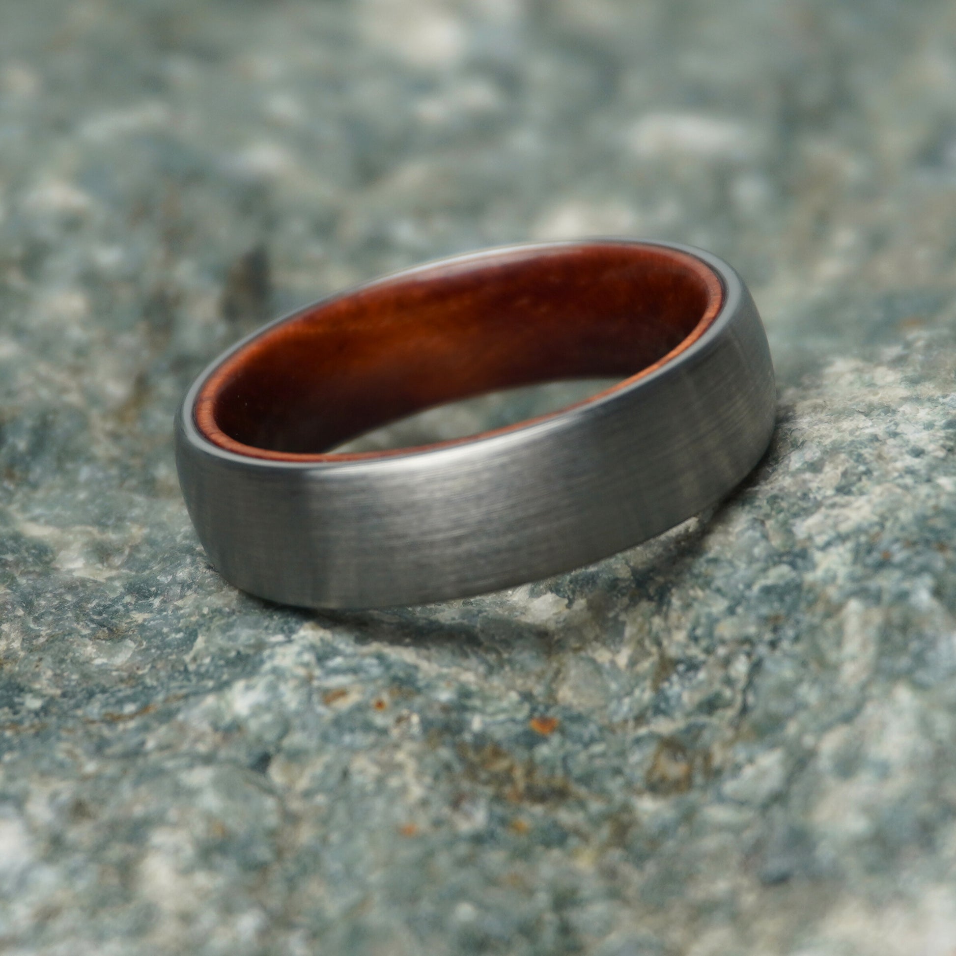 Durable 6mm comfort-fit domed ring with a brushed gray exterior and wooden interior by Forge and Lumber.