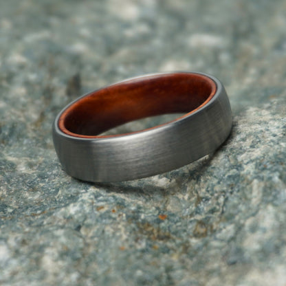 Durable 6mm comfort-fit domed ring with a brushed gray exterior and wooden interior by Forge and Lumber.