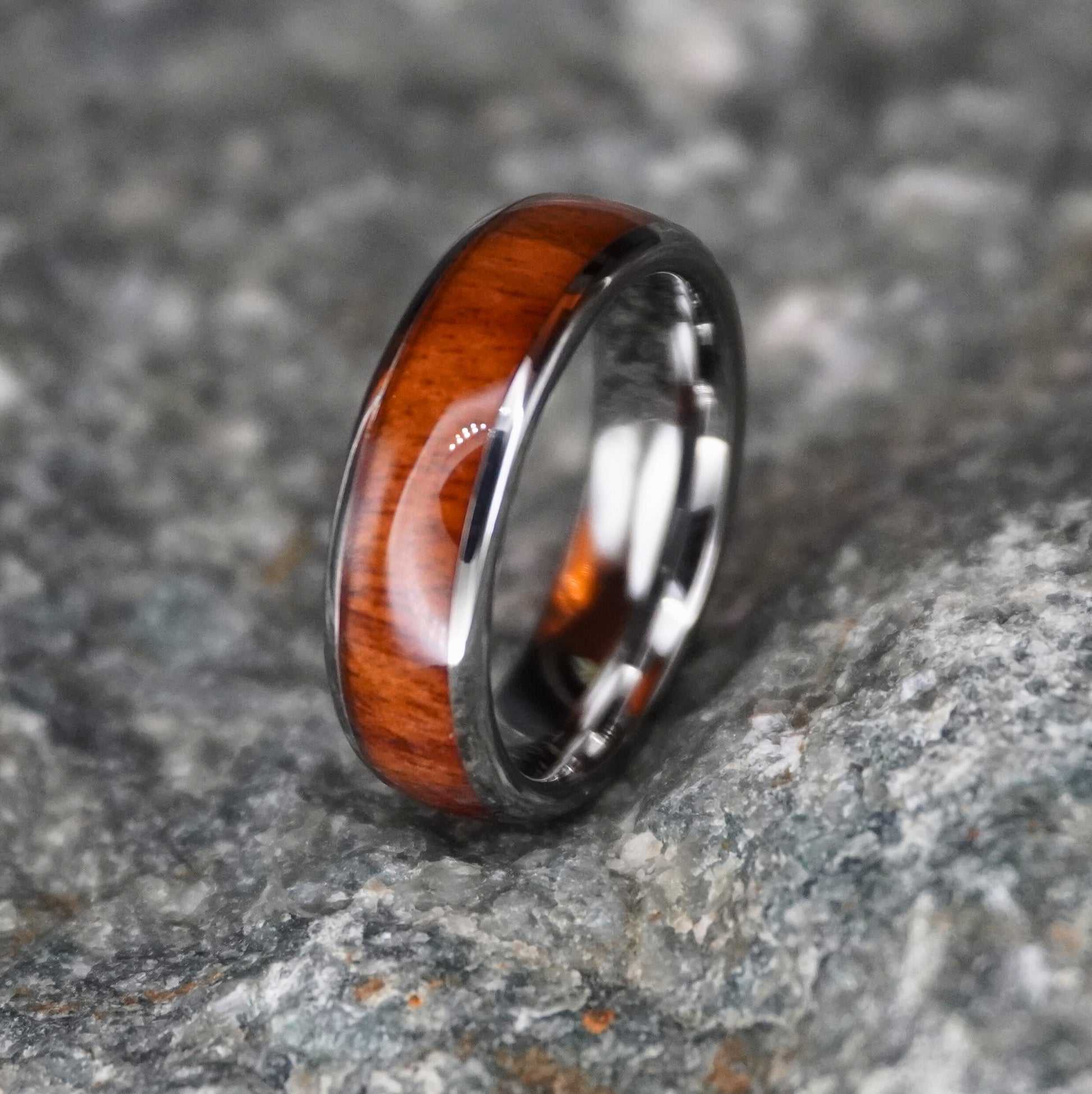 Acacia Koa wood inlay tungsten wedding band, 6mm silver comfort-fit ring by Forge and Lumber.