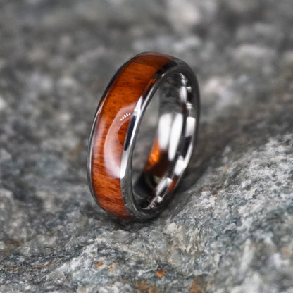 Acacia Koa wood inlay tungsten wedding band, 6mm silver comfort-fit ring by Forge and Lumber.