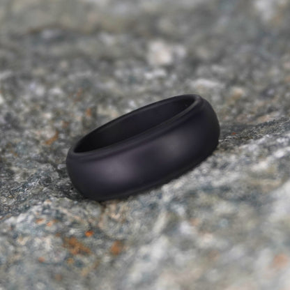 Black silicone wedding ring, 8mm beveled design, durable athletic band by Forge and Lumber