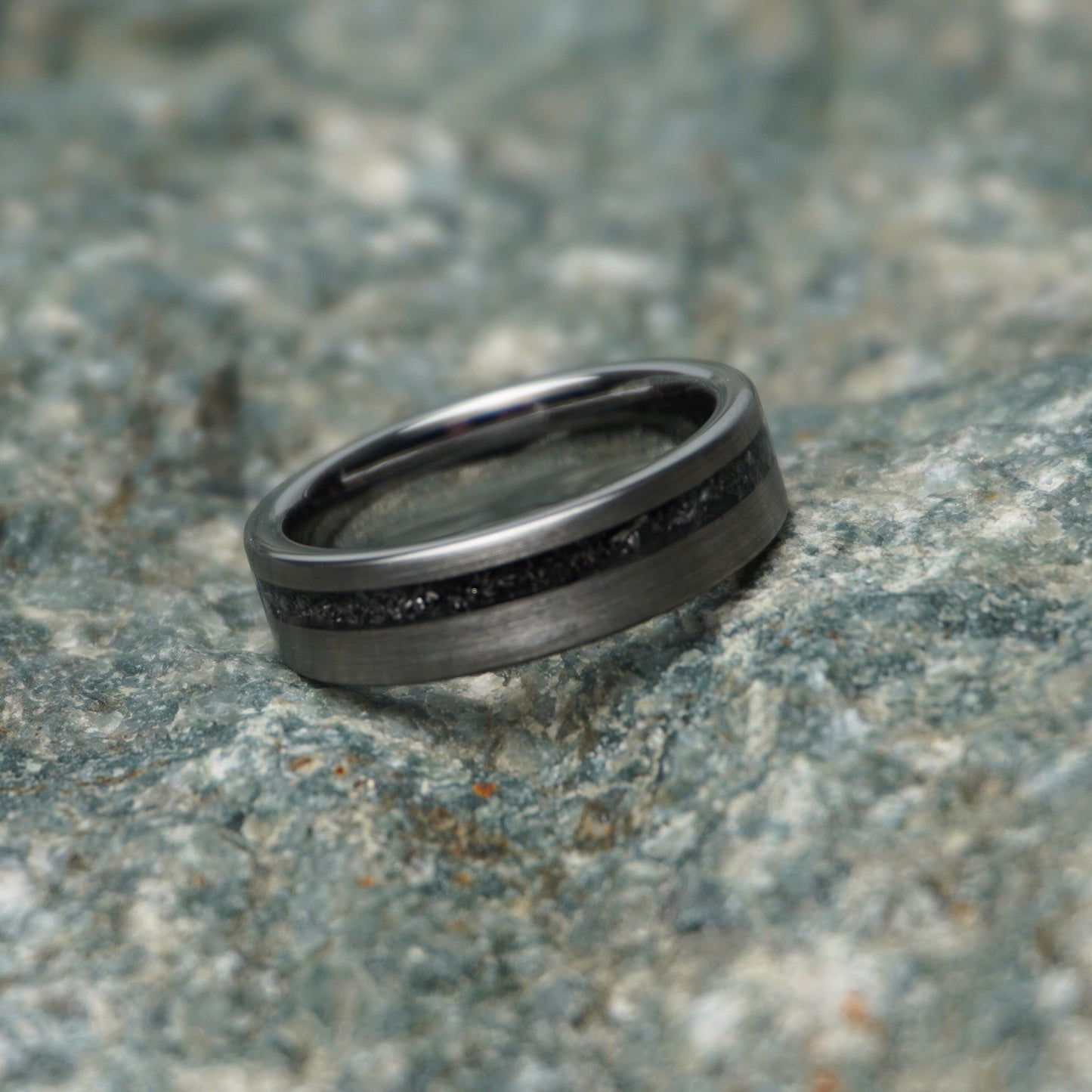 Flat gold ring with cosmic design, 6mm width, by Forge and Lumber, available in sizes UK K to M.