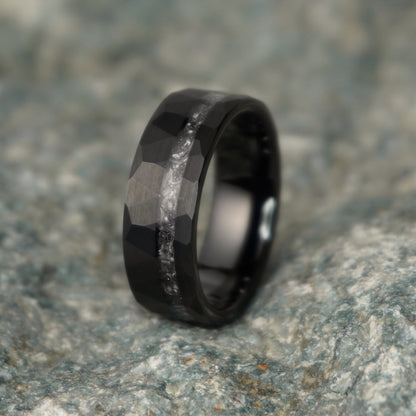 Black 8mm wedding band with a durable design and textured finish by Forge and Lumber.