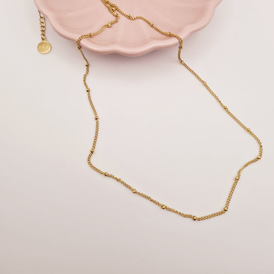 18K gold plated beaded necklace by Forge and Lumber, adjustable, tarnish-free, waterproof steel, 40cm length