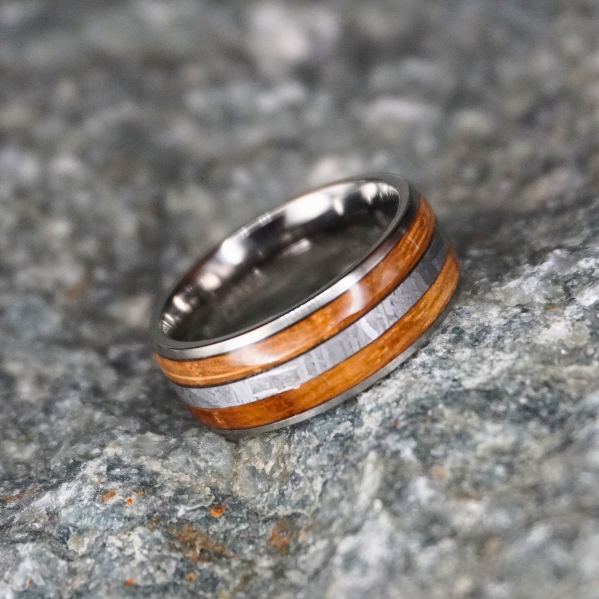 Artisan-crafted double-inlay ring with wood and metal accents by Forge and Lumber, available in multiple sizes.
