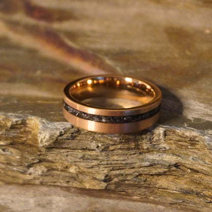 Rose gold plated tungsten ring with a 6mm band and meteorite inlay by Forge and Lumber.