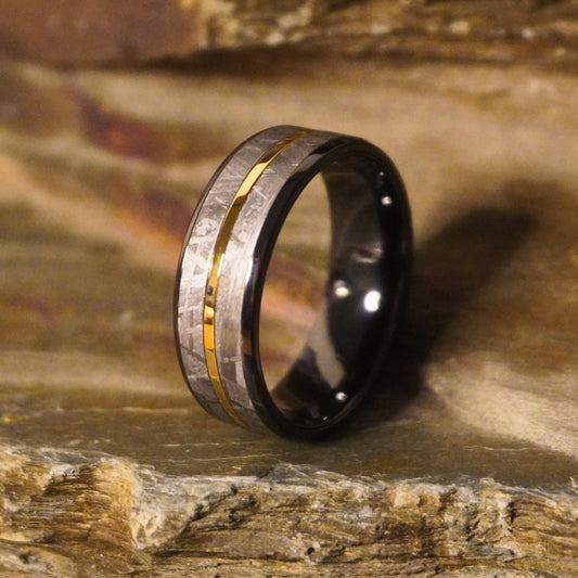 Black Zirconium wedding band with a brushed finish and gold inlay, available in sizes UK N, O, P.