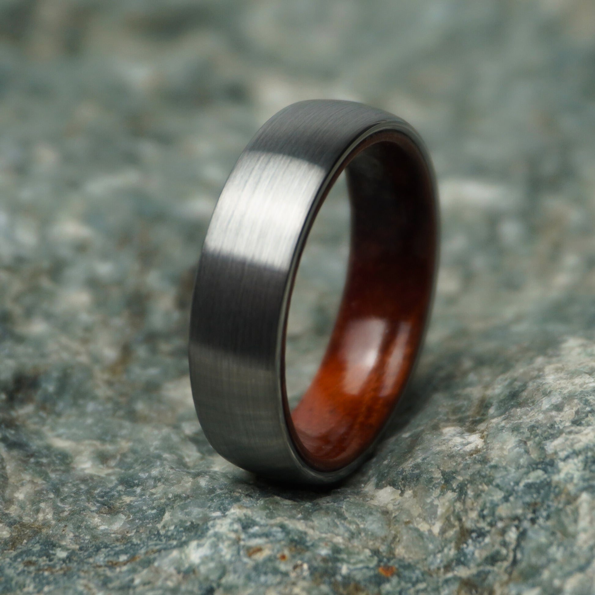 Durable 6mm comfort-fit domed ring with a brushed black exterior and polished wood interior by Forge and Lumber.