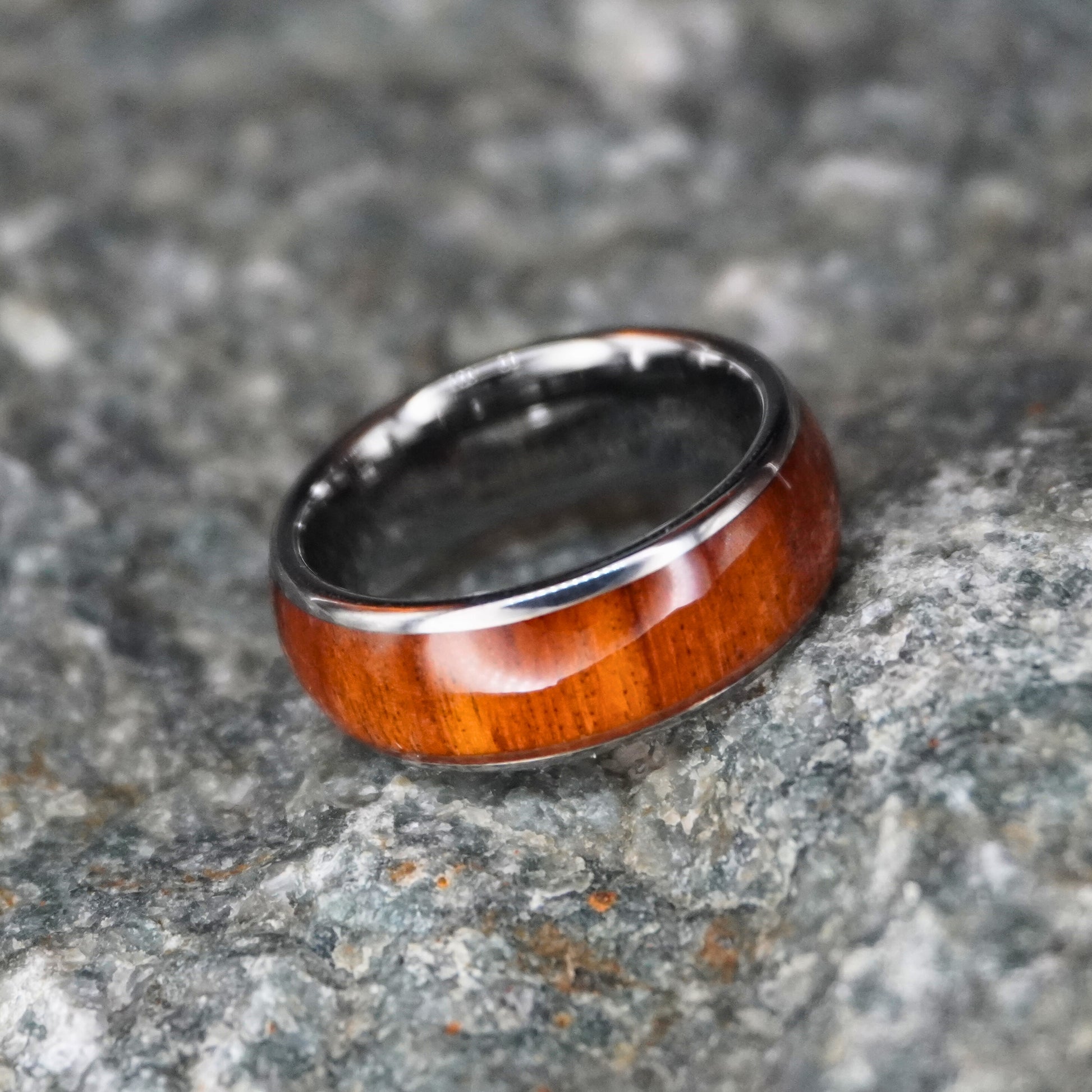 Wooden inlay ring with black metal band, 8mm width, by Forge and Lumber, perfect for anniversaries and engagements.