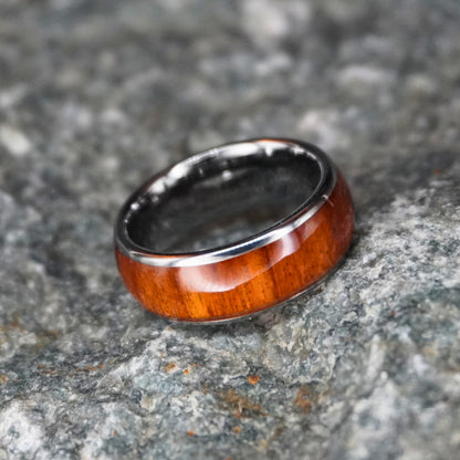 Wooden inlay ring with black metal band, 8mm width, by Forge and Lumber, perfect for anniversaries and engagements.
