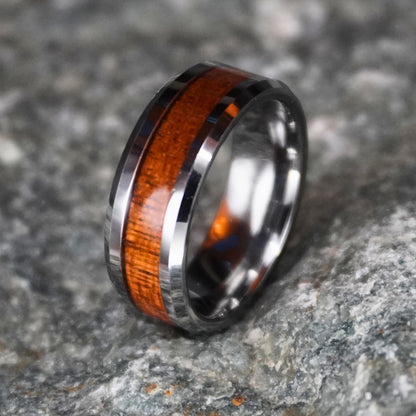 Silver tungsten ring with beveled edges and koa wood inlay by Forge and Lumber, 8mm width.