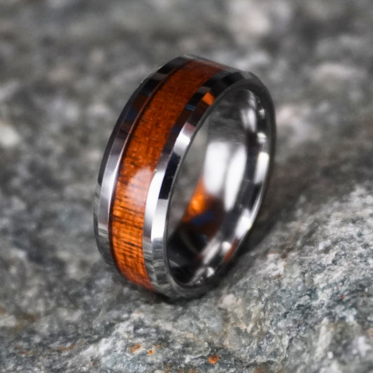 Silver tungsten ring with beveled edges and koa wood inlay by Forge and Lumber, 8mm width.