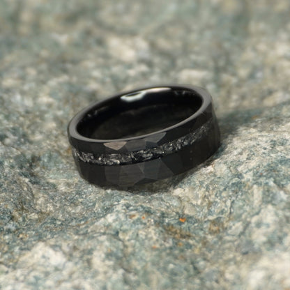 Black 8mm wedding band with a faceted design, featuring a durable finish by Forge and Lumber.
