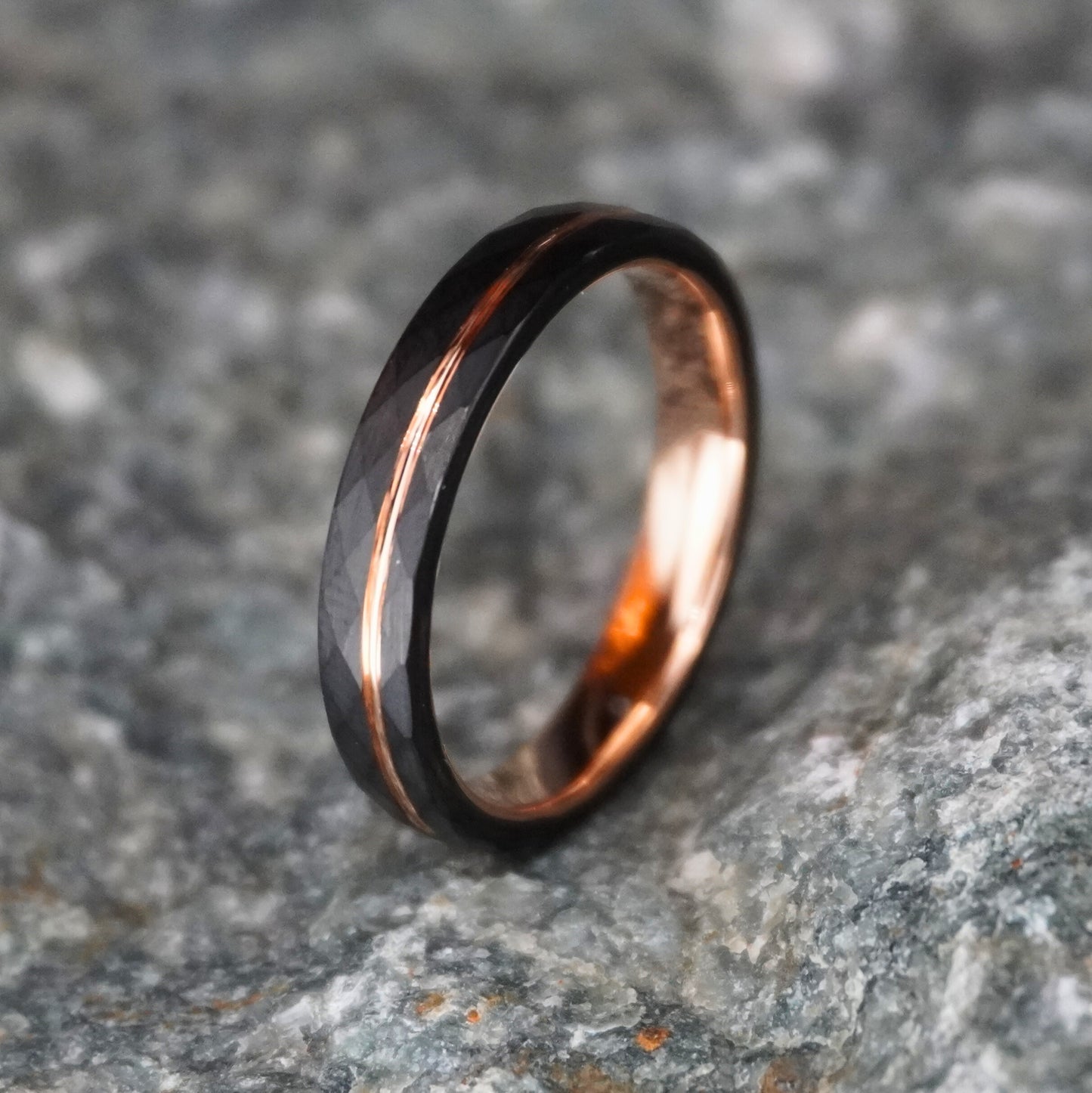 Black and rose gold delicate ring with a 4mm width, suitable for everyday wear, by Forge and Lumber.