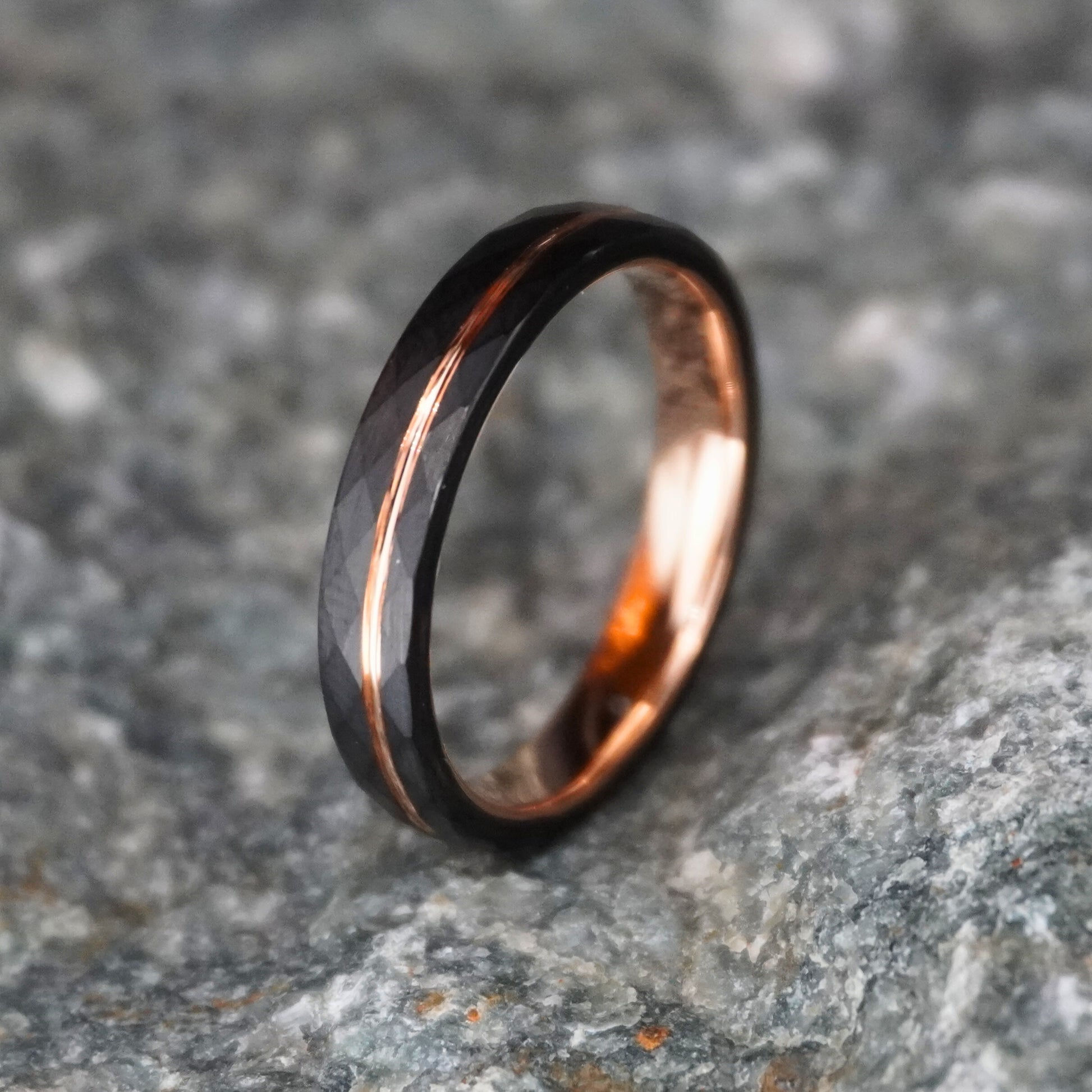 Black and rose gold delicate ring with a 4mm width, suitable for everyday wear, by Forge and Lumber.
