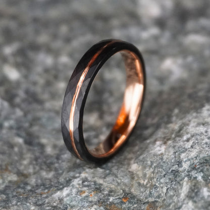 Black and rose gold delicate ring with a 4mm width, suitable for everyday wear, by Forge and Lumber.