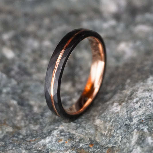 Black and rose gold delicate ring with a 4mm width, suitable for everyday wear, by Forge and Lumber.