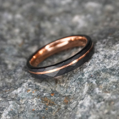 Black and rose gold delicate ring by Forge and Lumber, 4mm, perfect for everyday wear and anniversaries.