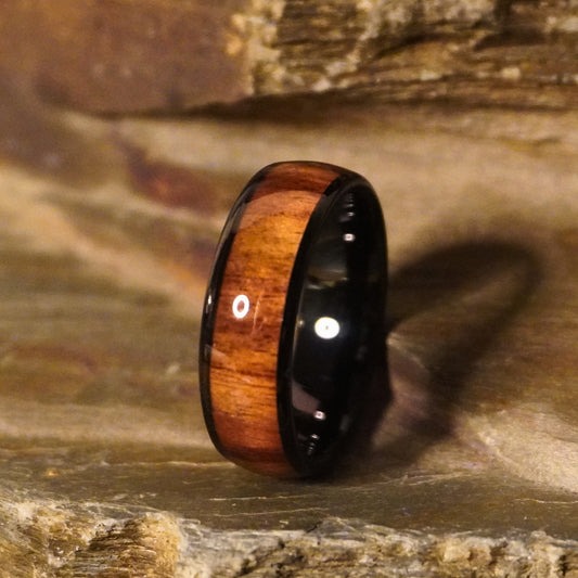 Black tungsten comfort-fit ring with 8mm width and wood inlay by Forge and Lumber.