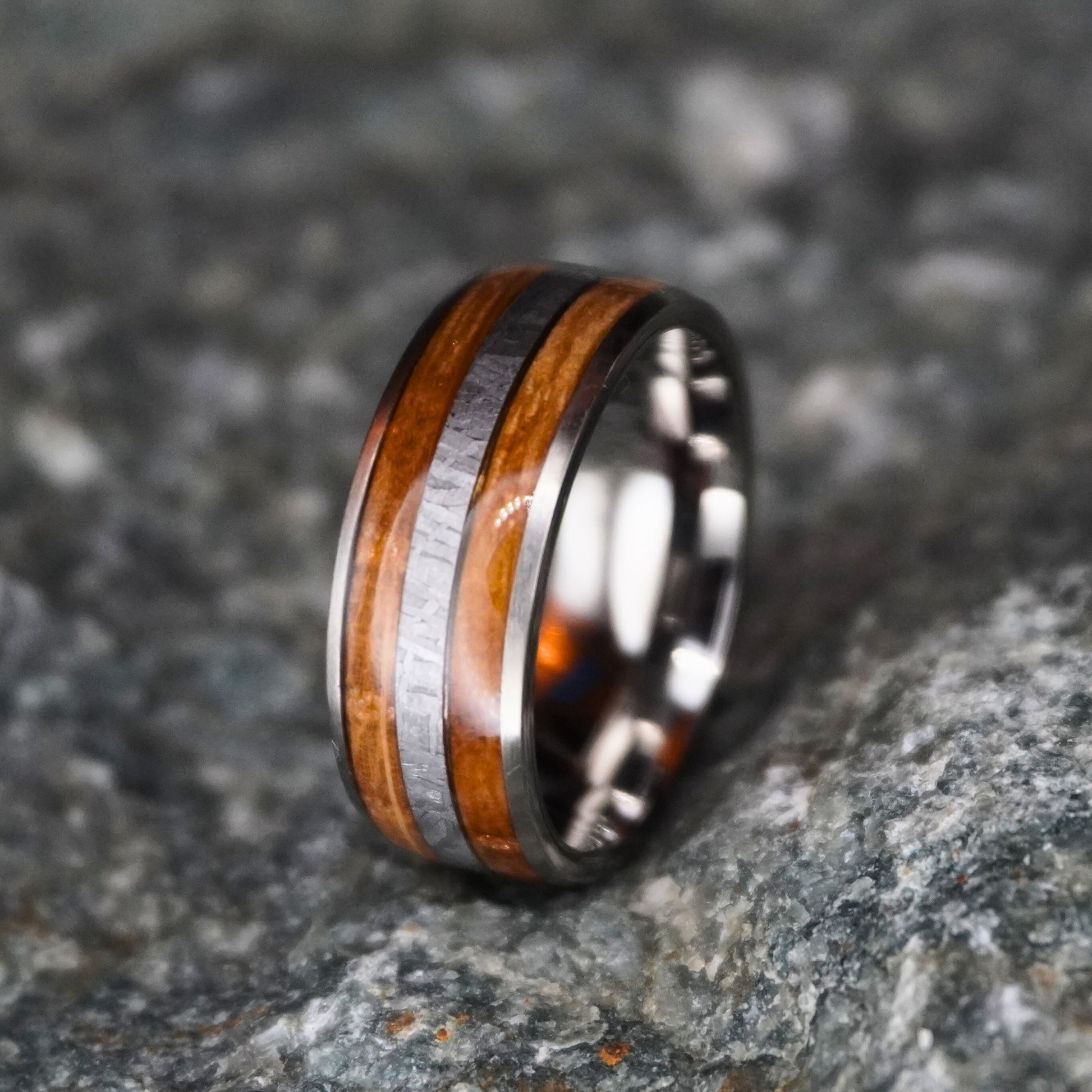 Artisan-crafted double-inlay ring with wood and metal accents by Forge and Lumber, 8mm wide.