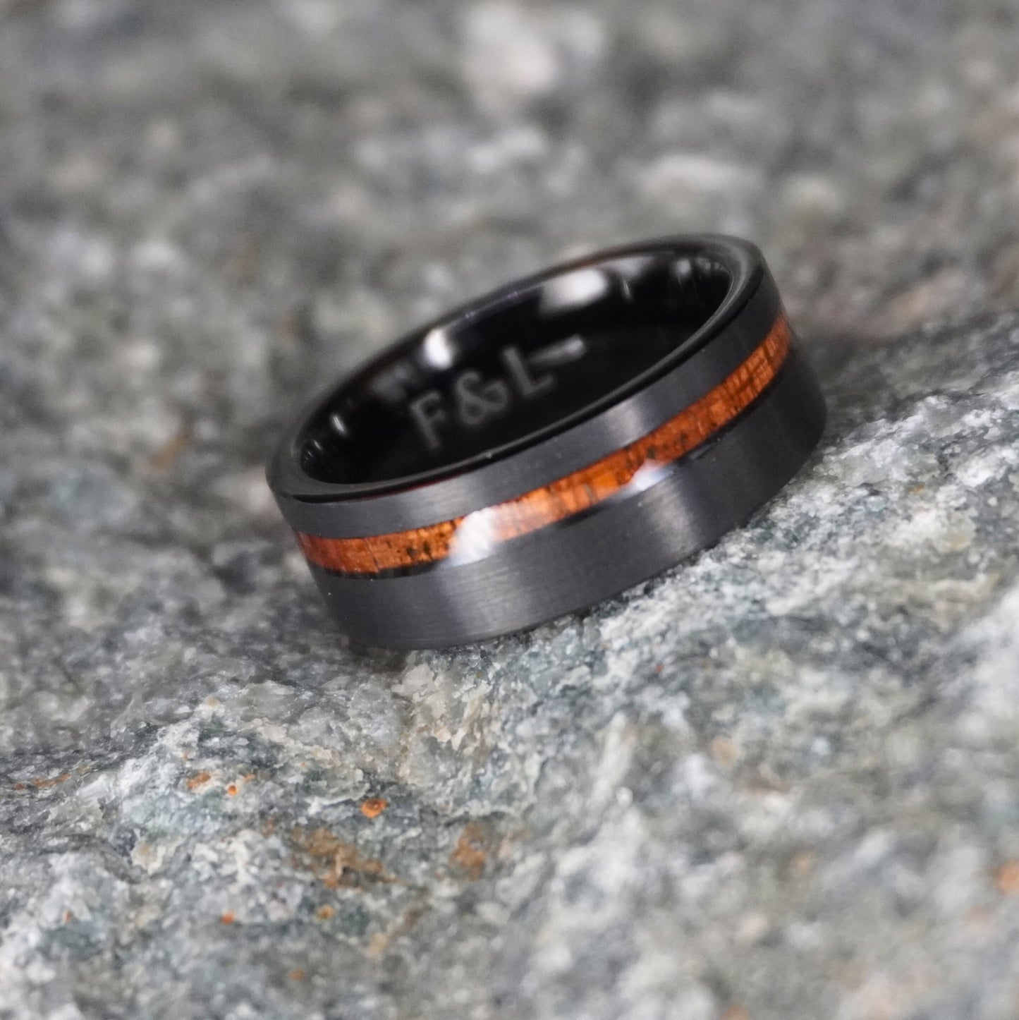 Black brushed finish ring with 8mm width and wood inlay by Forge and Lumber. Available in sizes UK M, N, O.