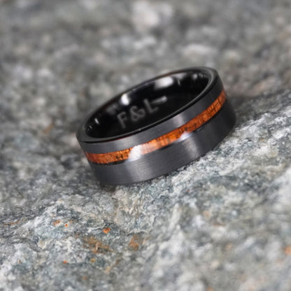 Black brushed finish ring with 8mm width and wood inlay by Forge and Lumber. Available in sizes UK M, N, O.