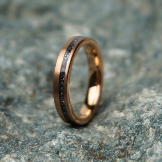 Gold plated tungsten wedding band with meteorite inlay, 4mm width, by Forge and Lumber.
