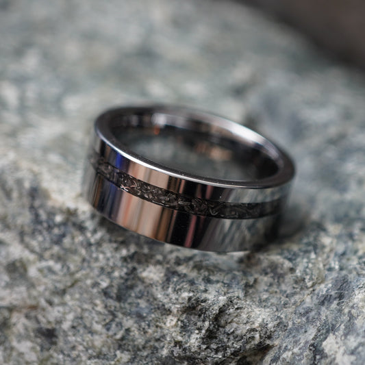 Durable black tungsten ring with cosmic engravings, 8mm width, by Forge and Lumber.