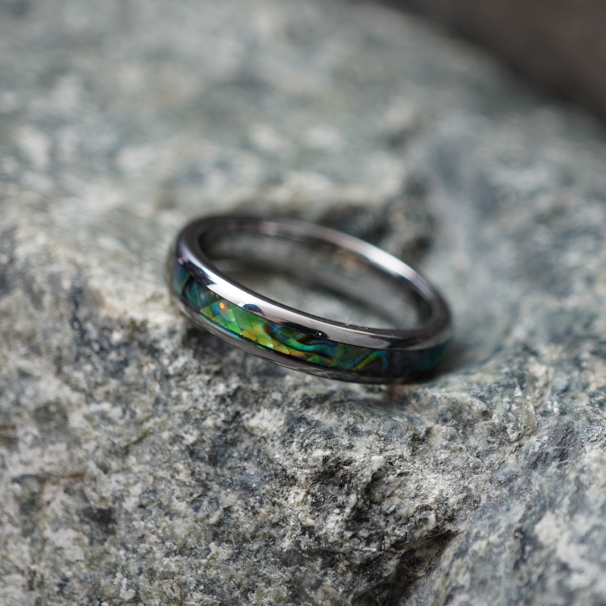 Forge and Lumber Moana 4mm engravable ladies band ring with iridescent green and blue inlay.