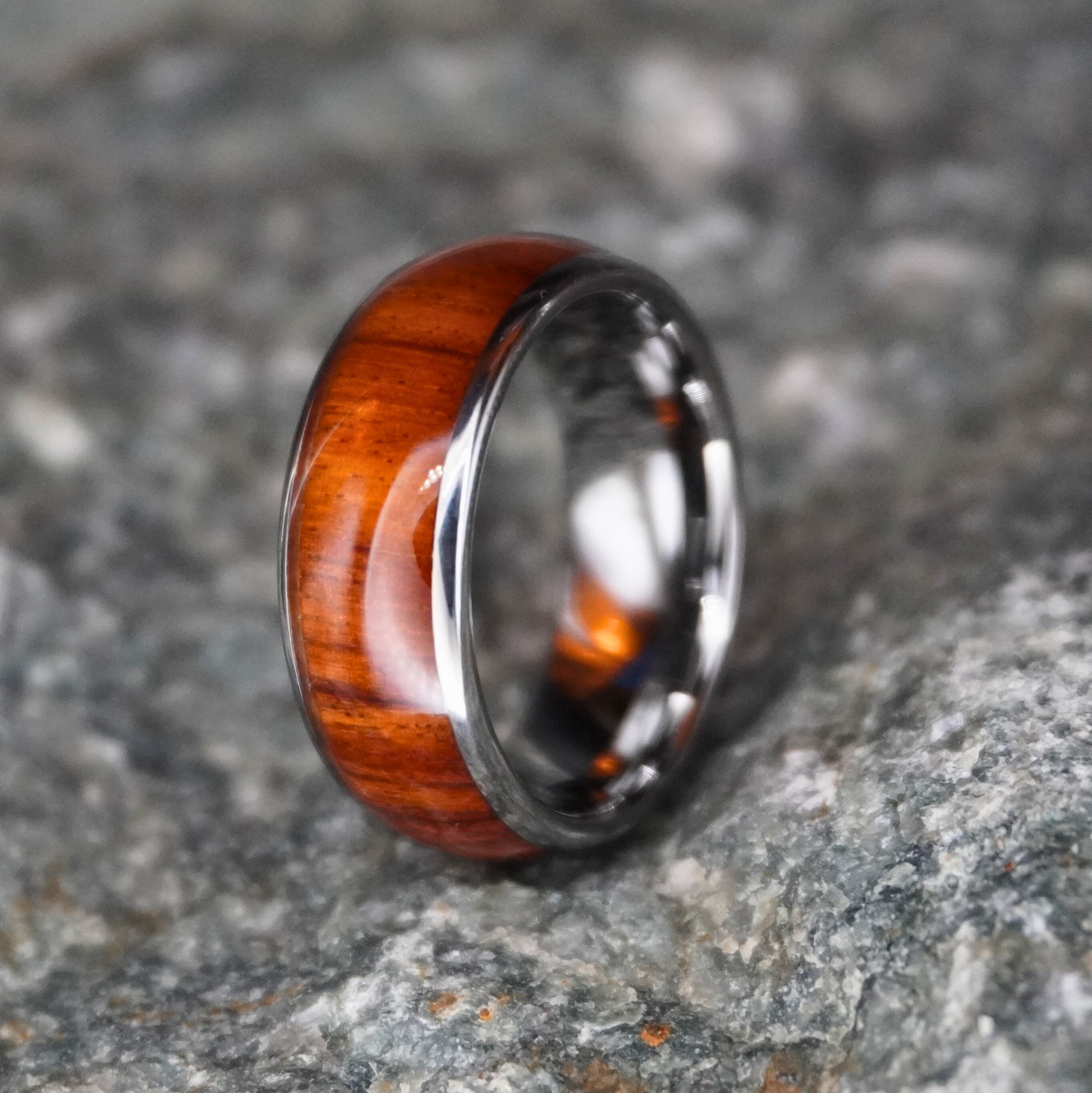 Durable 8mm wood and metal ring from Forge and Lumber, featuring a polished finish, ideal for anniversaries and engagements.