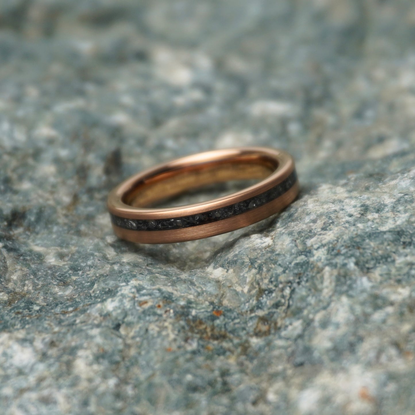 Gold plated tungsten wedding band with a meteorite inlay, 4mm width, from Forge and Lumber's Apollo collection.