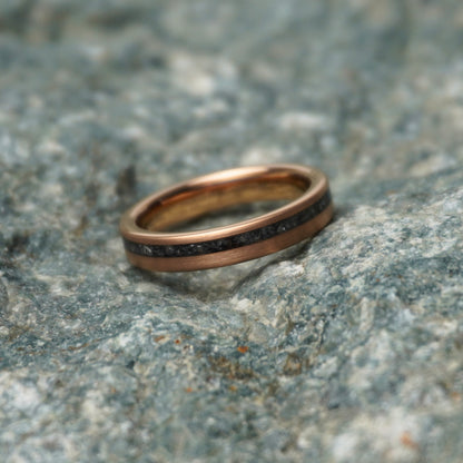 Gold plated tungsten wedding band with a meteorite inlay, 4mm width, from Forge and Lumber's Apollo collection.