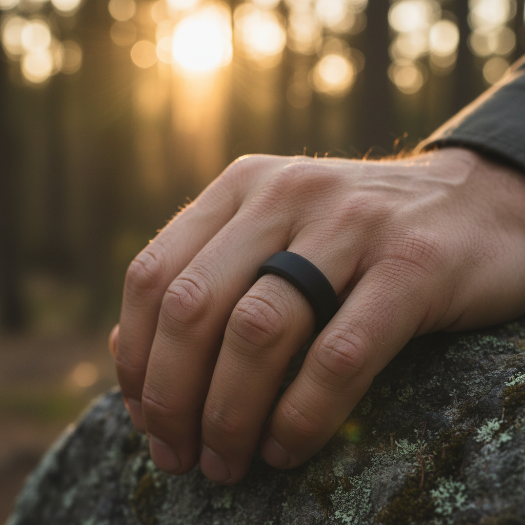 Black beveled silicone wedding ring, 8mm, athletic safe band by Forge and Lumber