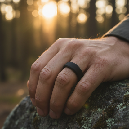 Black beveled silicone wedding ring, 8mm, athletic safe band by Forge and Lumber