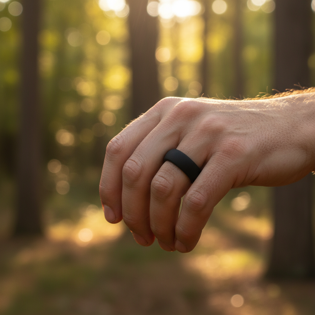 Black domed silicone wedding ring 8.7mm by Forge and Lumber, suitable for active lifestyles, size UK O-P.