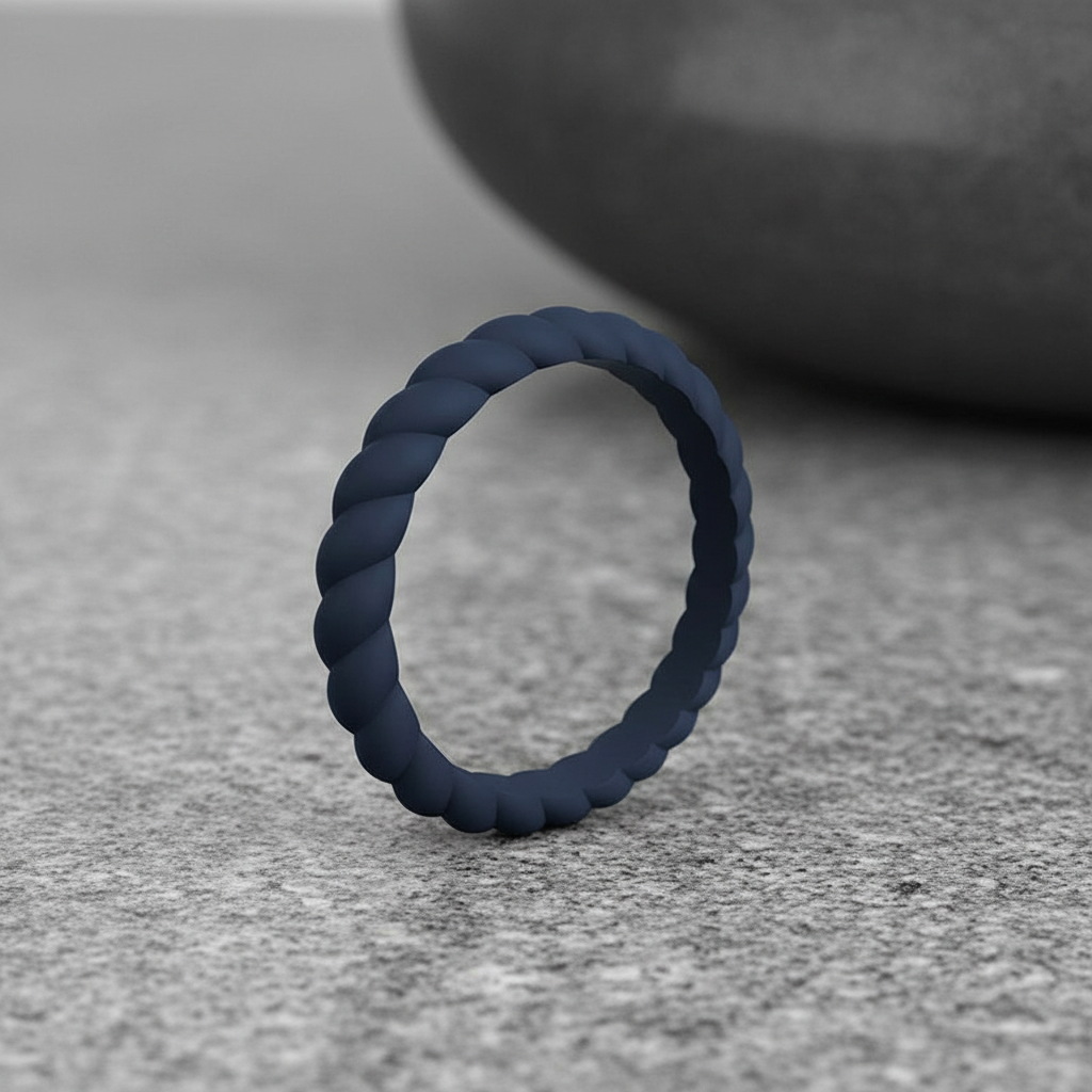 Braided Silicone Ring 3mm Midnight Blue Stackable Wedding Band