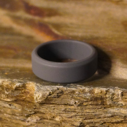 Forge and Lumber dark grey beveled silicone wedding band, 8mm width, suitable for active lifestyles.