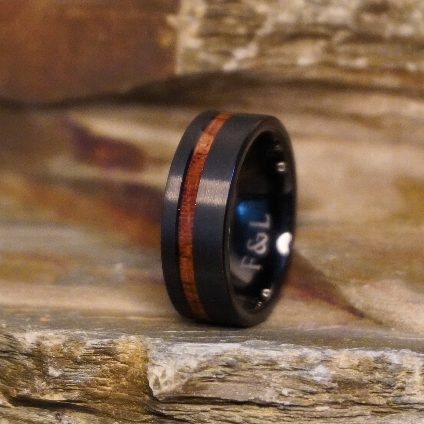 Black brushed finish ring with 8mm width and wood inlay by Forge and Lumber. Available in sizes UK M, N, O.