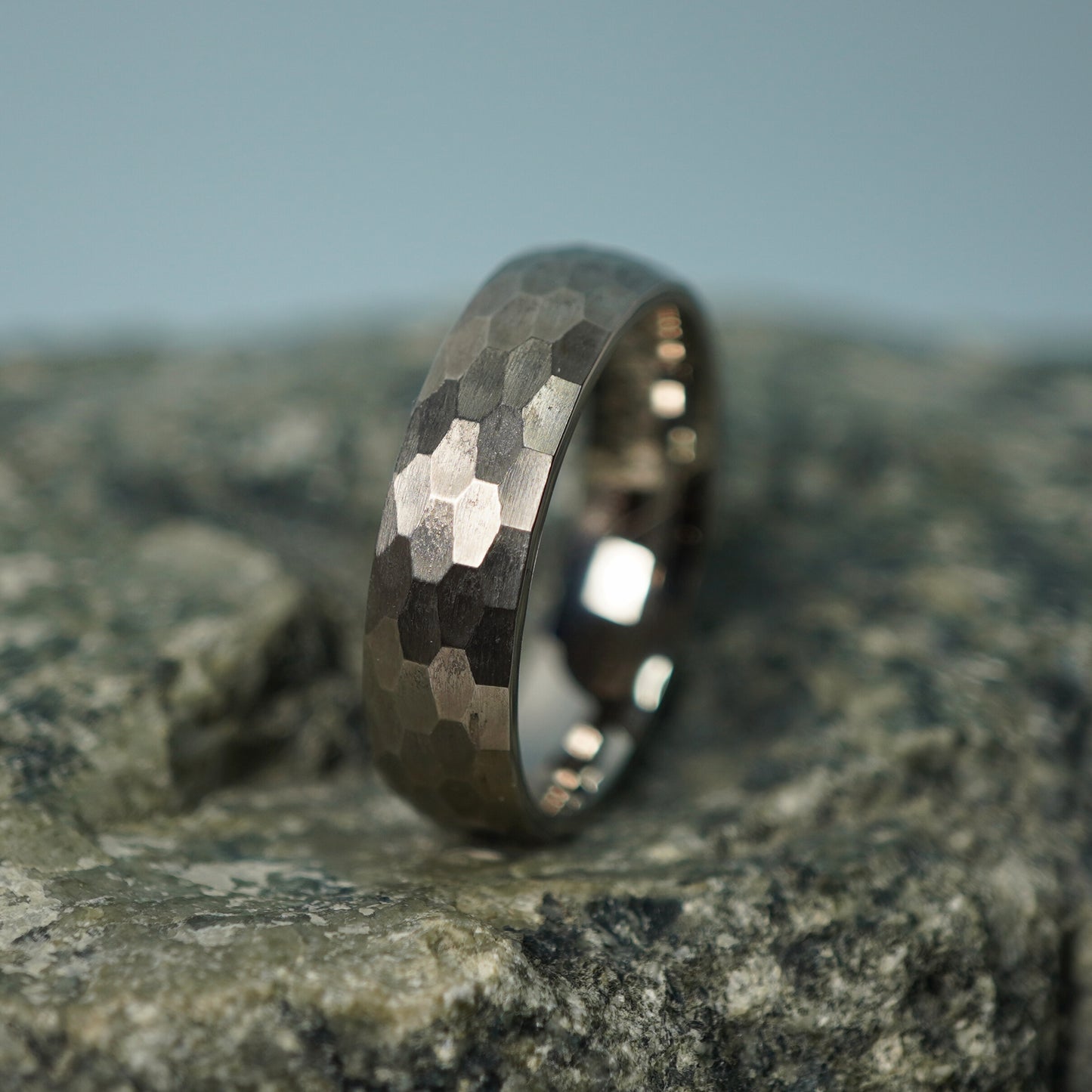 Hammered titanium men's ring by Forge and Lumber, 6mm width, comfort fit, available in UK sizes K, L, M.