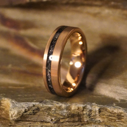 Rose gold plated tungsten ring with 6mm band and black meteorite inlay by Forge and Lumber.