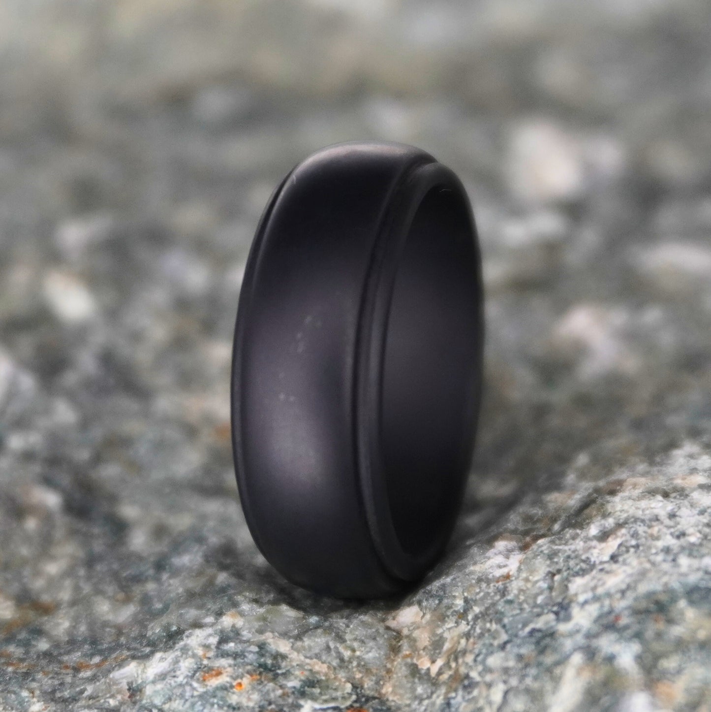Black silicone wedding ring 8mm, beveled edge, durable athletic band by Forge and Lumber