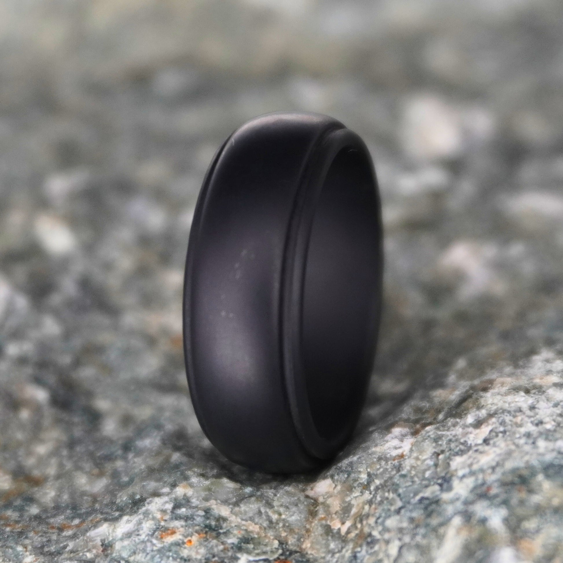 Black silicone wedding ring 8mm, beveled edge, durable athletic band by Forge and Lumber