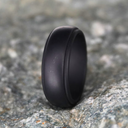 Black silicone wedding ring 8mm, beveled edge, durable athletic band by Forge and Lumber