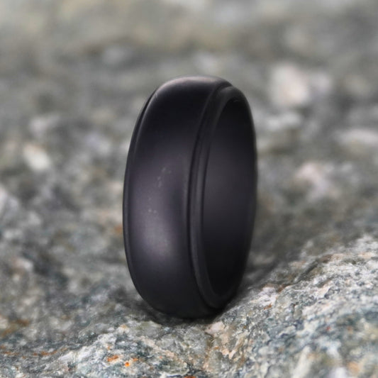 Black silicone wedding ring 8mm, beveled edge, durable athletic band by Forge and Lumber