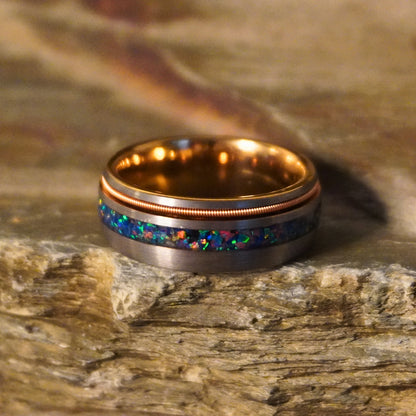 Gold and blue opal double-inlay wedding band by Forge and Lumber, 8mm width, artisan-made.