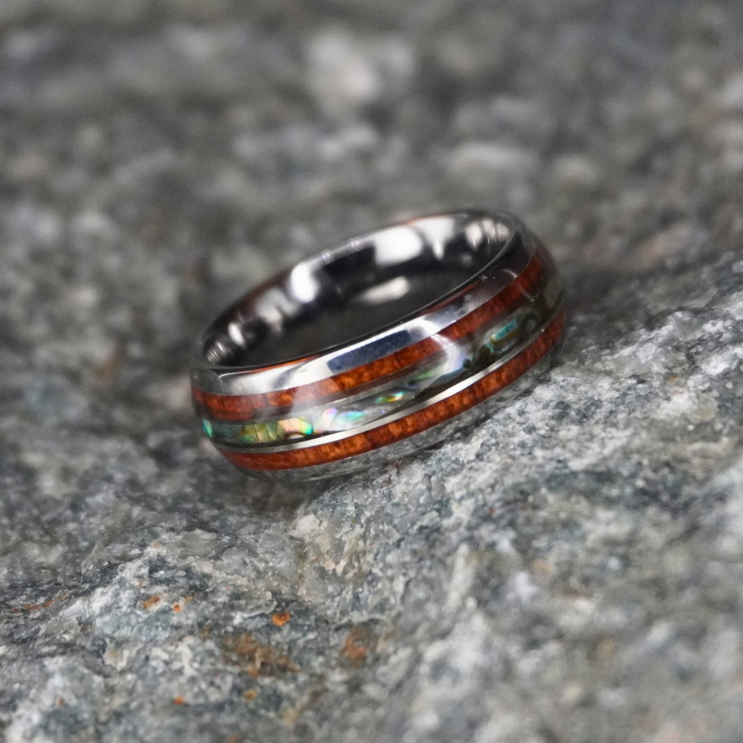 Black abalone inlay ring with 8mm width by Forge and Lumber, available in sizes UK M, N, O.