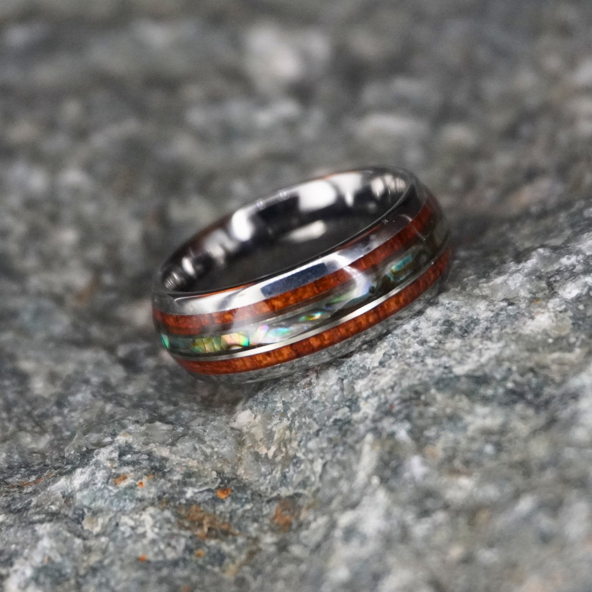 Black abalone inlay ring with 8mm width by Forge and Lumber, available in sizes UK M, N, O.