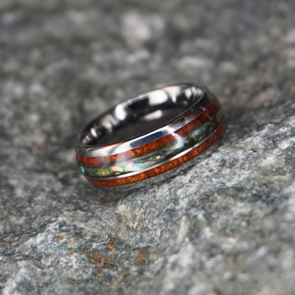 Black abalone inlay ring with 8mm width by Forge and Lumber, available in sizes UK M, N, O.